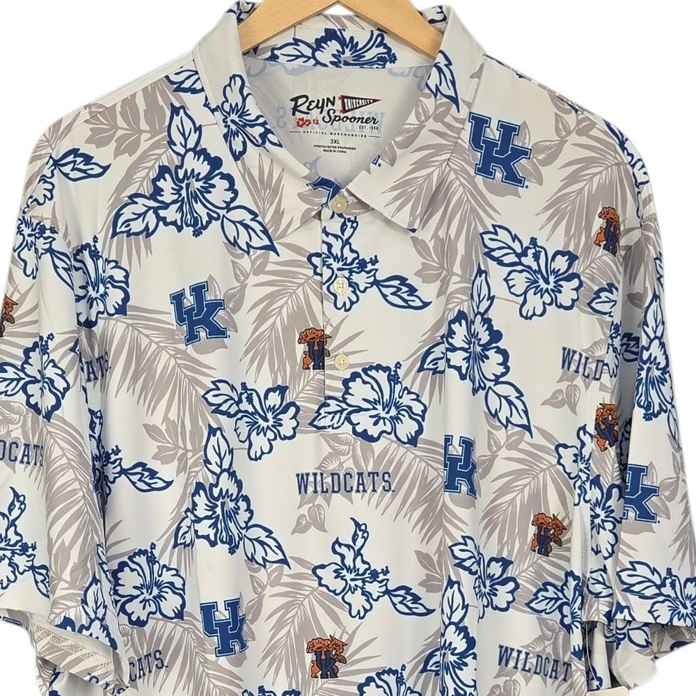 Reyn Spooner Kentucky Wildcats Polo Men 3XL White Floral Hawaiian Shirt Golf NEW